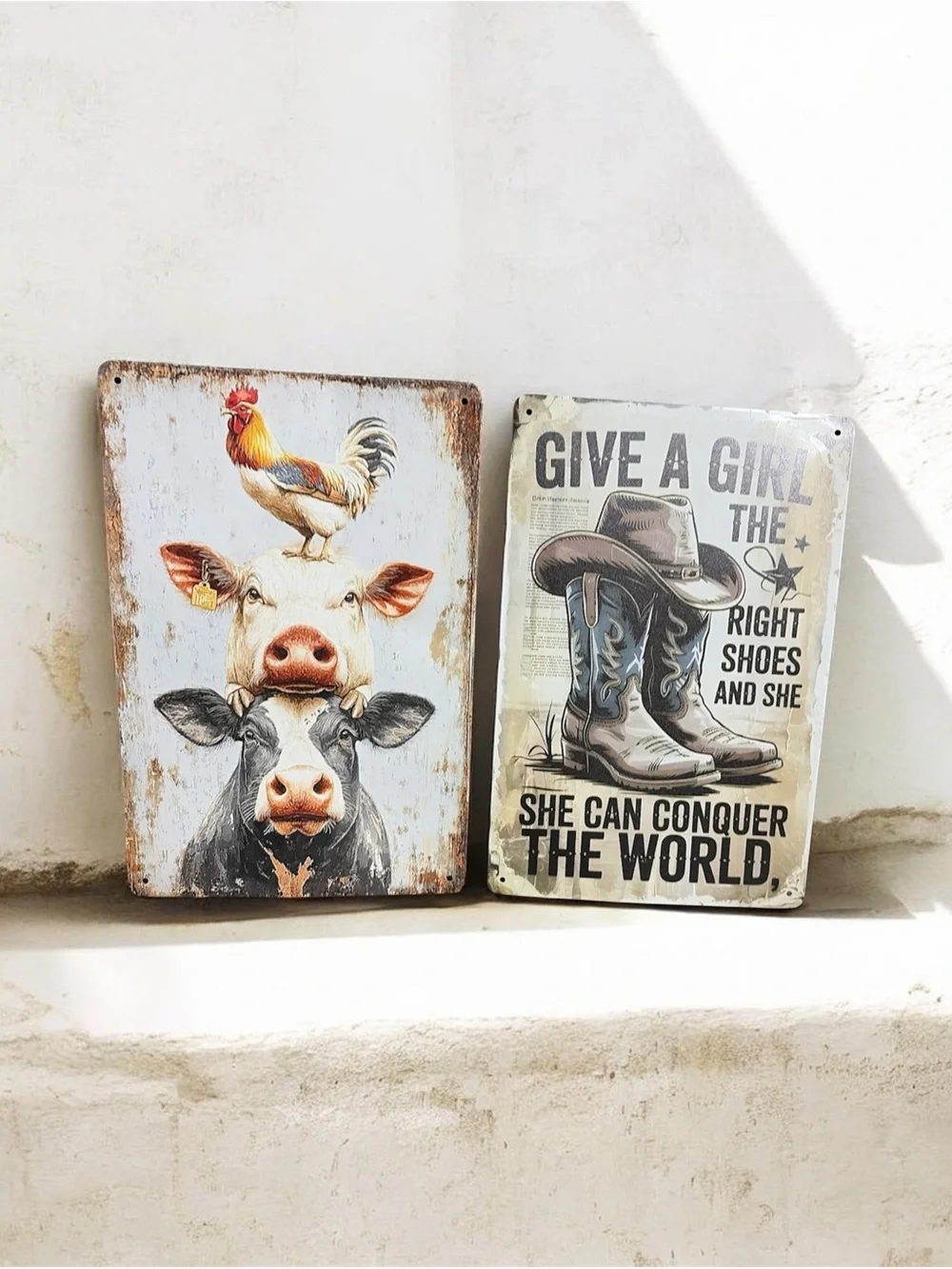 Set of 2 Vintage Inspired Farmhouse & Western Cowgirl Metal Wall Signs – Rustic